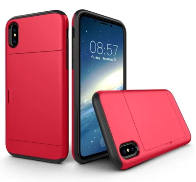 Produktbild von Mobigear Card iPhone X Hülle, Hartschalenhülle, Rückseite, stoßfest mit Kartenhalter - Rot