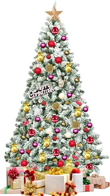 A decorated Christmas tree with presents underneath, set against a white background.