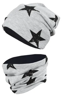 Produktbild von TupTam Uni Kinder Beanie Mütze Schlauchschal Set, Farbe: Sterne Schwarz / Grau Meliert, Größe: 50-52