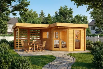 Produktbild von Alpholz 5-Eck Gartenhaus Pepe Optima Gartenhaus aus Holz in Imprägnierung Pinie, Holzhaus mit 34 mm Wandstärke, Blockbohlenhaus mit Montagematerial