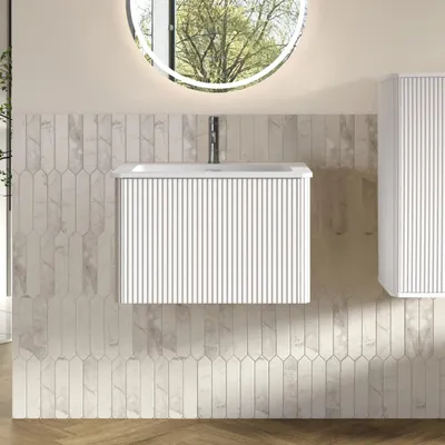 Zdjęcie produktu dla Umywalka z szafką dolną o szerokości 60 cm. Umywalka wisząca z umywalką z kompozytu mineralnego, zestaw mebli łazienkowych, wzór z żłobieniami, szuflady z systemem otwierania push-to-open, częściowo zmontowany, kolor biały
