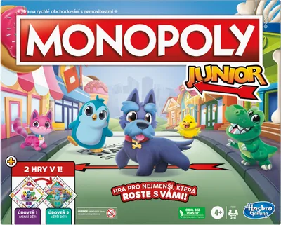The image shows the front of a Monopoly Junior board game box, featuring cartoon characters and game elements.