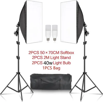 Imagen del producto de Kit de iluminación para fotografía, con una gran softbox, un trípode de luz ajustable y DOS focos de 40W