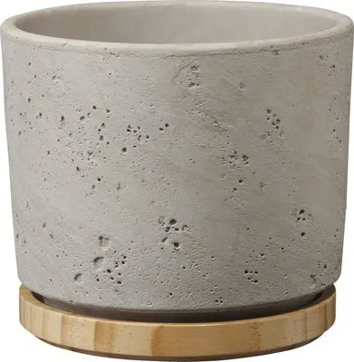 Produktbild von Blumentopf Soendgen Paros Deluxe Keramik Ø 14 cm H 13 cm hellgrau inkl. Holzuntersetzer