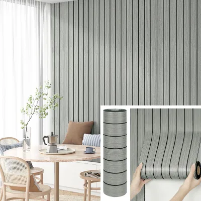 Productafbeelding van 3D-wandpanelen met houtlook, grijs, zelfklevend, geschikt voor keuken, lamellenwand, behang, woonkamer, akoestische panelen, PVC-panelen, wand met houtlook, zelfklevend schuimbehang met houtlook, 30 cm x 300 cm