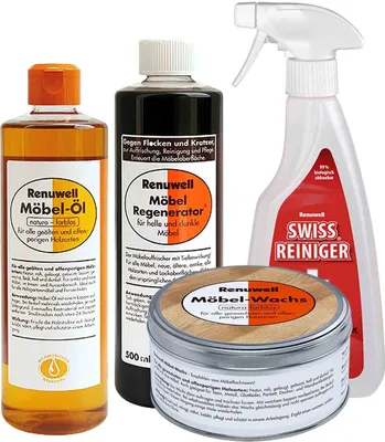 Produktbild von Renuwell Möbel Öl 500 ml - Regenerator 500 ml - Wachs 500 ml - Swiss Reiniger 500 ml Spar-Set