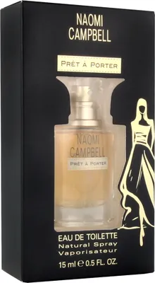 A product box for Naomi Campbell Prêt à Porter Eau de Toilette, showing the perfume bottle inside.