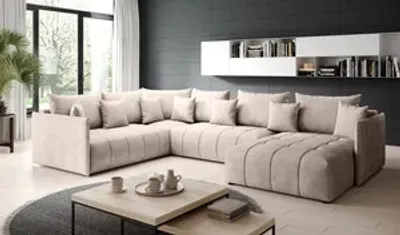 Produktbild von FurMeb -ASPEN BIS 339 x 188 cm - Groes Sofa mit Schlaffunktion und zwei Bettk€sten - Groes Ecksofa mit Kissen - Hellbeige, U-f¶rmige Sitzgruppe