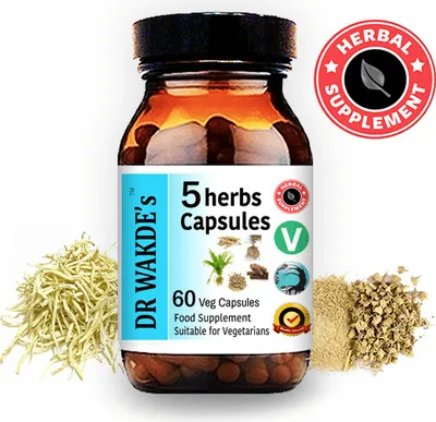Produktbild von DR WAKDE'S 5 Kräuter Kapseln | 60 Vegi Caps | Ayurveda-Supplement | Vegan | 100% Kräuter | Mengenrabatte | Am selben Tag Versand