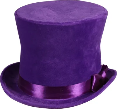 A purple velvet top hat with a satin ribbon and bow.