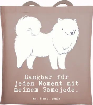 Produktbild von Mr. & Mrs. Panda Schultasche Samojede Moment - Braun Pastell - Geschenk, Samojedenhund, Tote Bag, Stoffbeutel, Uni Tasche, Shopping, Samojedenspitz, Jutebeutel