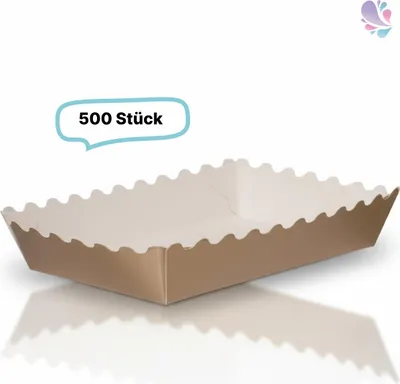 Produktbild von Gebäckschalen, Papier-Schalen, verschiedene Farben und Größen, 500 Stück, aluminiumfrei, gewellter Rand : Farbe - gold / weiß, Größe - 150 x 140 x 46 mm Farbe: gold / weiß Größe: 150 x 140 x 46 mm