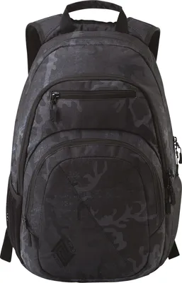A black camouflage backpack is shown against a white background.