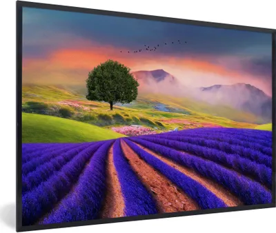 Produktbild von MuchoWow® Gerahmtes Poster Gemälde eines Lavendelfeldes 90x60 cm - Poster mit Schwarzem Bilderrahmen Wandposter Rahmen Foto Bilder - Fotorahmen - Foto-Plakat