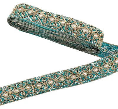 Image de Ruban brodé - Bleu ethnique - 10 mètres - Largeur de 45 mm - Matière : polyester - Adapté pour les travaux manuels - Ruban de décoration