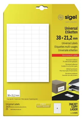 Produktbild von SIGEL LA101 Universal-Etiketten, 38 x 21,2 mm, weiß, 1625 Etiketten