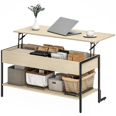Produktbild von Couchtisch mit Hubfunktion, Wohnzimmertisch mit verstecktem Fach und offenem Regal, 95 x 40 x 59 cm, Naturholz