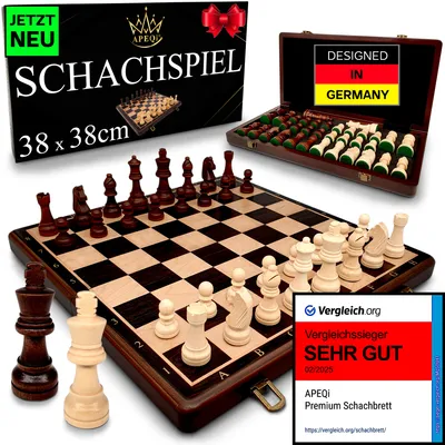 Produktbild von APEQi® Premium Schach - Schachspiel Holz hochwertig [38x38cm], Massivholz, 2 Extra-Damen, Geschenkidee - klappbares Schachbrett aus Holz