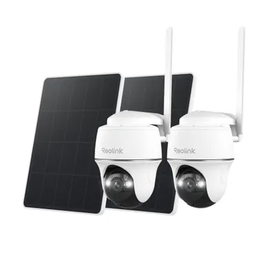 Produktbild von Reolink Go PT Plus+Solarpanel, 2K+ 5MP 4G LTE Batterie Überwachungskamera , Schwenken & Neigen, Kein-WiFi, SIM-Kartenslot, 32GB SD Karte, 2 Pack