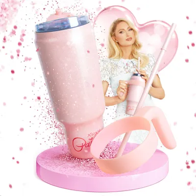 Produktbild von Paris Hilton pinke Edelstahl Trinkflasche mit Kunststoffgriff und Strohhalm 1,1 L, Doppelwandig Isoliert, Abnehmbarer Griff