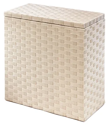 A beige woven laundry hamper with a lid.