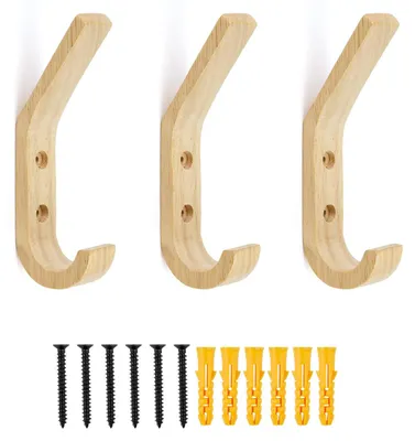 Produktbild von Wandhaken aus Holz, 3er-Set, Garderobenhaken, Kleiderhaken, Kleiderschrankhaken, Vintage-Stil, für Schlafzimmer, Küche, Waschküche