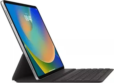 A tablet with a keyboard case, shown at an angle.
