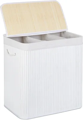 Immagine prodotto di Contenitore per la biancheria con 3 scomparti - Cesto per la biancheria con coperchio - Rettangolare - 62 x 62,5 x 42,5 cm - Bambù - Bianco