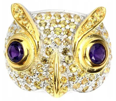 Produktbild von Eulenring aus 925er Silber mit Amethysten und Saphiren, Ringgröße 16, naturbelassen