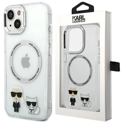 A Karl Lagerfeld iPhone 14 Plus case is shown in its packaging next to the case itself.