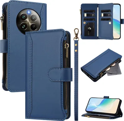 Image de Étui pour Realme 13 4G/Realme 12 4G, zippé, portefeuille étui à rabat en cuirPolyuréthaneavec poches pour cartes, support et boucle pour la main bleu