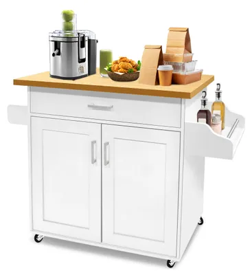 Produktbild von UISEBRT Servierwagen Küchenwagen mit Gewürzboard & Handtuchhalter & Schublade Küchenwagen auf Rollen Küchenschrank mit Arbeitsplatte Holz 115 x 36 x 90 cm Weiß