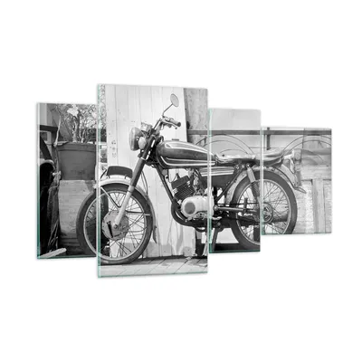 Produktbild von Bilder auf glas - 4 Teile - Alt Motorrad Schwarz und Weiß - 120x70cm - Glasbilder - Wandbilder - Bilder - Wanddekoration aus Glas - Glas Bilder - Wandbild auf Glas - GDL120x70-4487