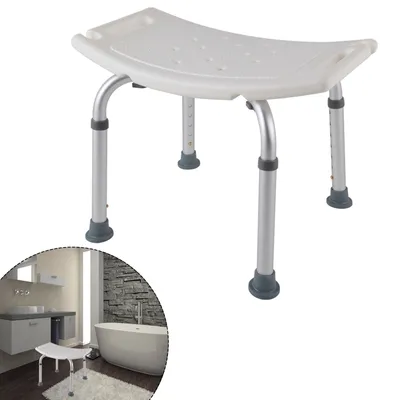 A white shower stool with adjustable legs is shown against a white background. A small inset image shows the stool in a bathroom setting.