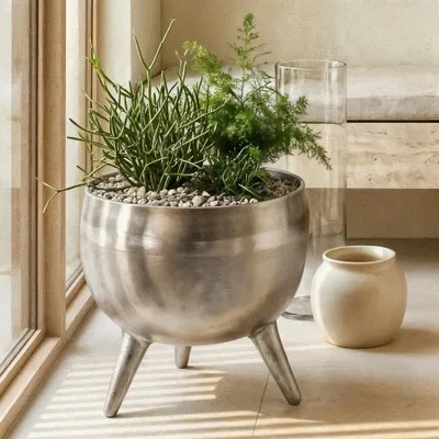 Produktbild von Aluminium Übertopf rund auf 3 Füßen silbern matt, H.28,5 cm