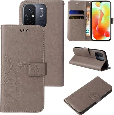 Produktbild von Handyhülle für Xiaomi Redmi 12C Floral Blumen Schmetterling Flip Cover Hülle Case Klapphülle Handytasche Farbe: Grau