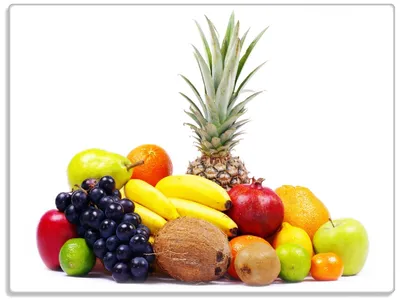 Produktbild von Wallario Glasunterlage, Schneidebrett aus Glas, Größe 30 x 40 cm, Motiv Gemischtes Obst aus aller Welt - Exotische Obstsammlung