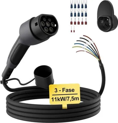 Obrázek produktu pro Nabíjecí kabel typu 2, otevřený konec - 11 kW, 7,5 metru, třífázový - 16 ampér - pro nabíjecí stanice a wallboxy - černý