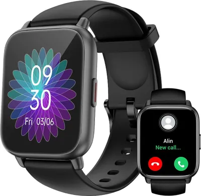 A smartwatch is shown with a second, smaller smartwatch in the foreground, displaying a call screen.