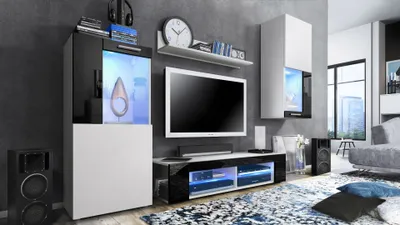 Produktbild von Vladon Wohnwand Movie, Anbauwand bestehend aus 1 TV-Board, 2 Vitrinen und 1 Regal, Weiß matt/Weiß matt/Schwarz Hochglanz, inkl. LED-Beleuchtung blau (Gesamt: 300 x 190 x 39 cm)