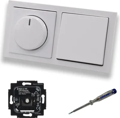 Produktbild von Busch Jäger 6523U-102 LED Drehdimmer Dimmer + Dimmerscheibe 6540-84-102 + Lichtschalter 2000/6 US in Future Linear Studioweiß glänzend inklusive EBROM Phasenprüfer zur Montage der Geräte 6523 U – 102