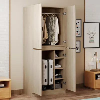 Produktbild von Kleiderschrank 70 × 40 × 170 cm, Doppeltür-Design mit kleinem Staufach, Holzfarbe