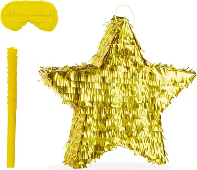 Produktbild von Relaxdays Pinata Stern, mit Stab & Maske, glänzende Partypinata Kinder, Geburtstag, zum Befüllen, HBT: 43x45x9 cm, gold