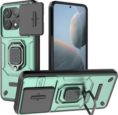 Immagine prodotto di Custodia per Xiaomi Redmi K70 / K70 Pro a doppio strato con protezione scorrevole della fotocamera e supporto ad anello, verde stand