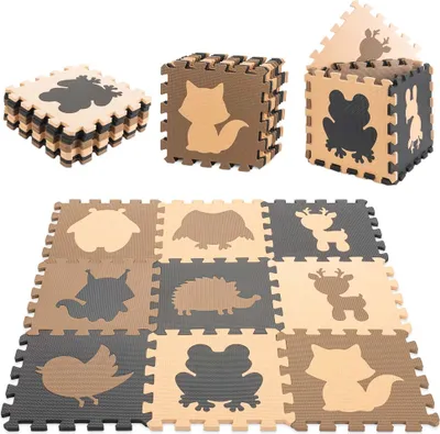Produktbild von Kik Puzzlematte für Kinder, Schaumstoff, 9 Elemente je 30x30 cm, 85x85 cm, 1 cm dick, beige-braun-schwarz, Anti-Rutsch, leicht zu reinigen