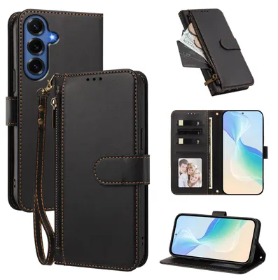 Image de Étui portefeuille pour Samsung Galaxy S26 FE, en cuir PU, avec compartiments pour cartes, support et dragonne. Couleur : noir