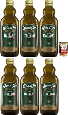 Produktbild von Costa d'Oro, Olio 100% Italiano, Extra Nativ Virgin Olivenöl, kalt extrahiert, aus 100% italienischen Oliven. 6x 750ml + Italian Gourmet polpa 400g