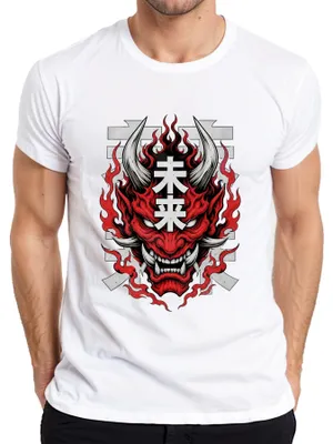 Productafbeelding van Oni Masker, Hannya, Japans demon, Kanji, Japan, Y2K streetwear, Azië, heren T-shirt, wit, maat L