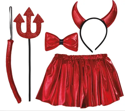 Productafbeelding van Daemon Kostuumset Halloween, drietand hoofdband, tutu, vlinderdas, rood, voor volwassenen. Kleur: rood
