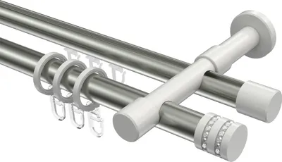 Produktbild von Interdeco Rundrohr-Innenlaufstange / Gardinenstange (Kombination) Edelstahl-Optik / Weiß, Typ Prestige Estana (Glitzerkappe), 20 mm Ø 2-läufig, 200 cm